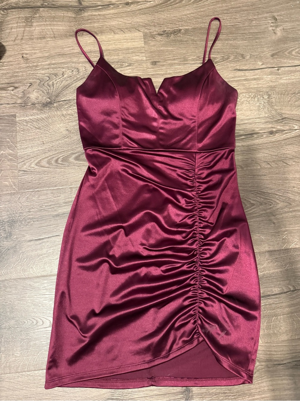 Satin Ruched Spaghetti Strap Dress in Burgundy City Studio Size Large